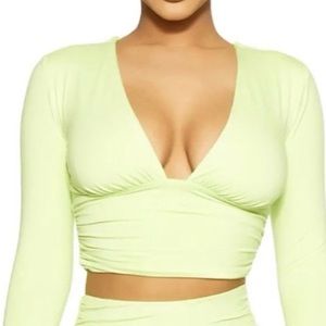 New Naked Wardrobe Deep V-Neck Long Sleeve Crop Top in Lime Size Large